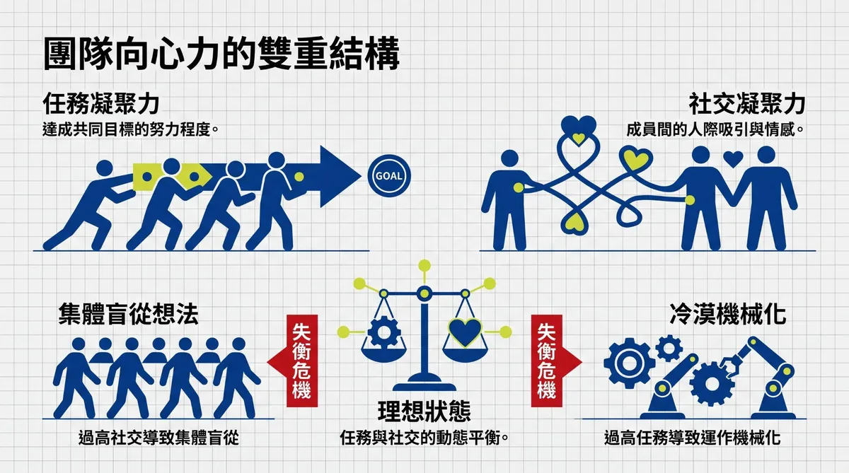 團隊向心力定義，比較任務凝聚力與社交凝聚力的平衡