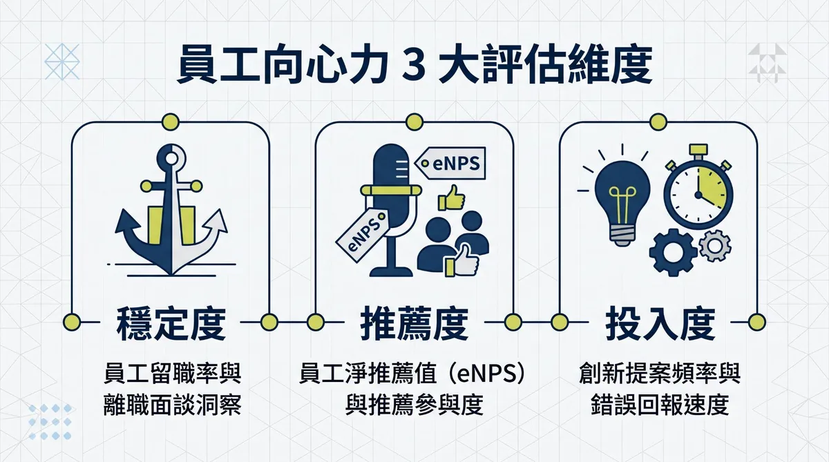 員工向心力評估指標，穩定度、推薦度與投入度